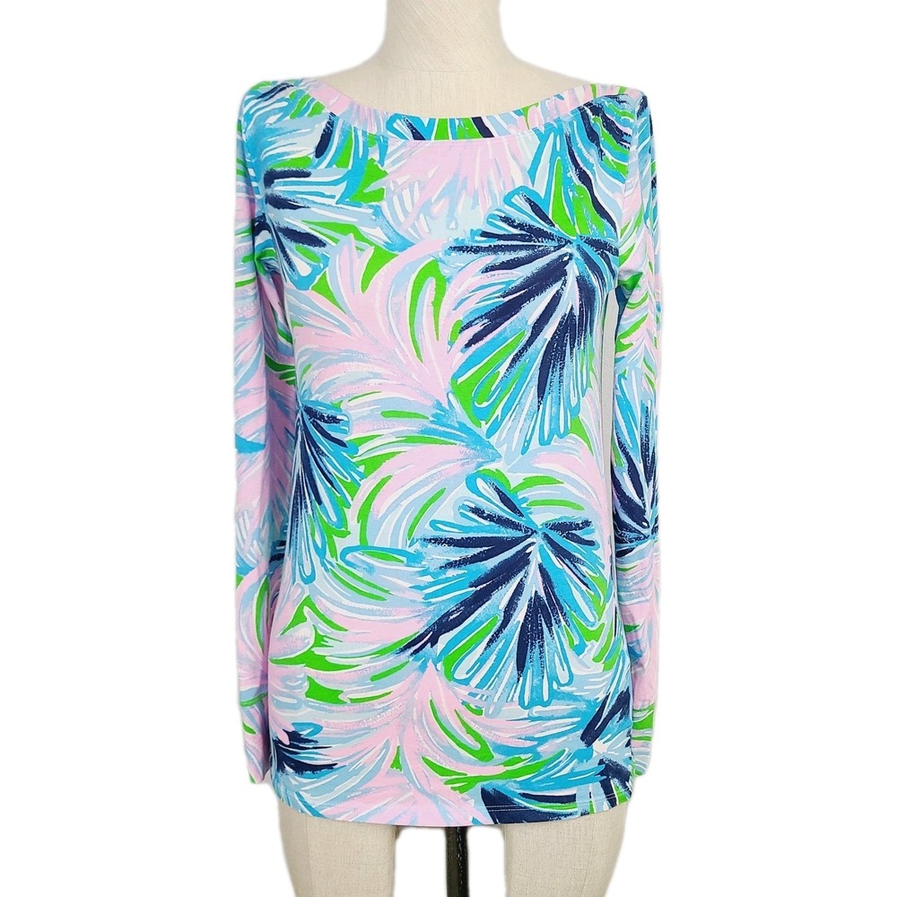 Lilly Pulitzer Long Sleeve Cotton Stretch Top Pink Blue‎ Palm Print S Resortwear